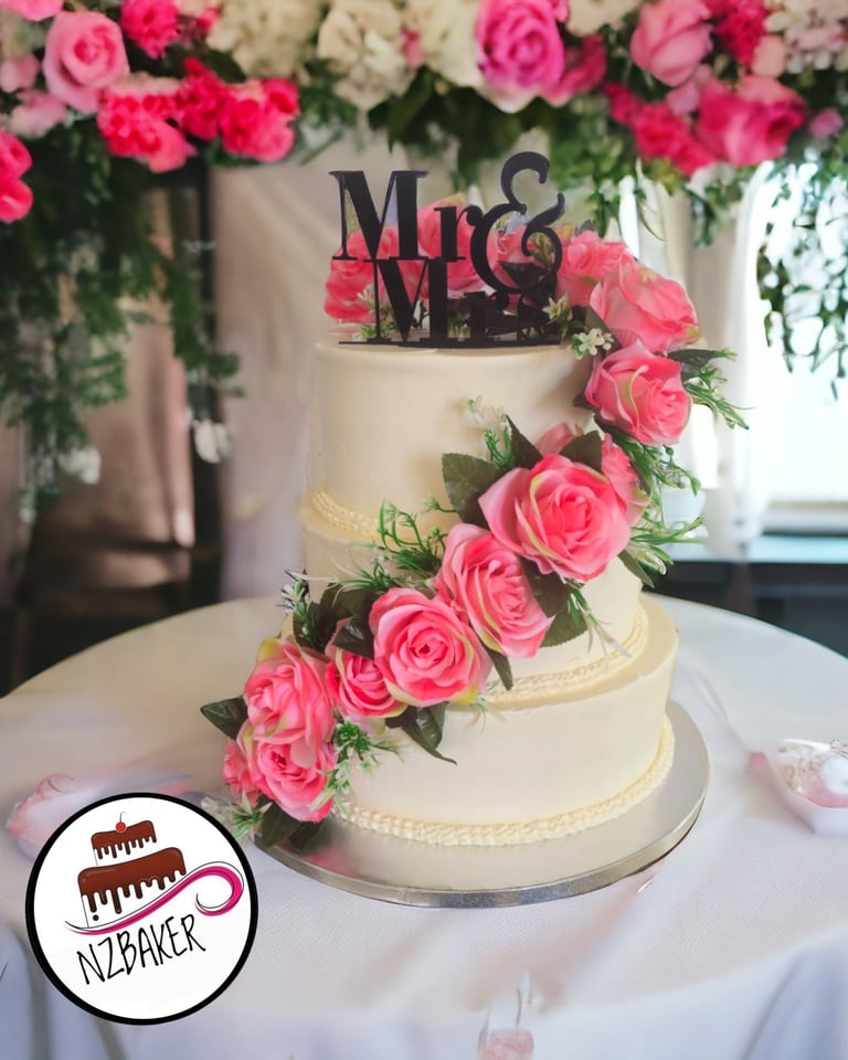 two tier celebration cake with pink flowers by NZBaker Hamilton