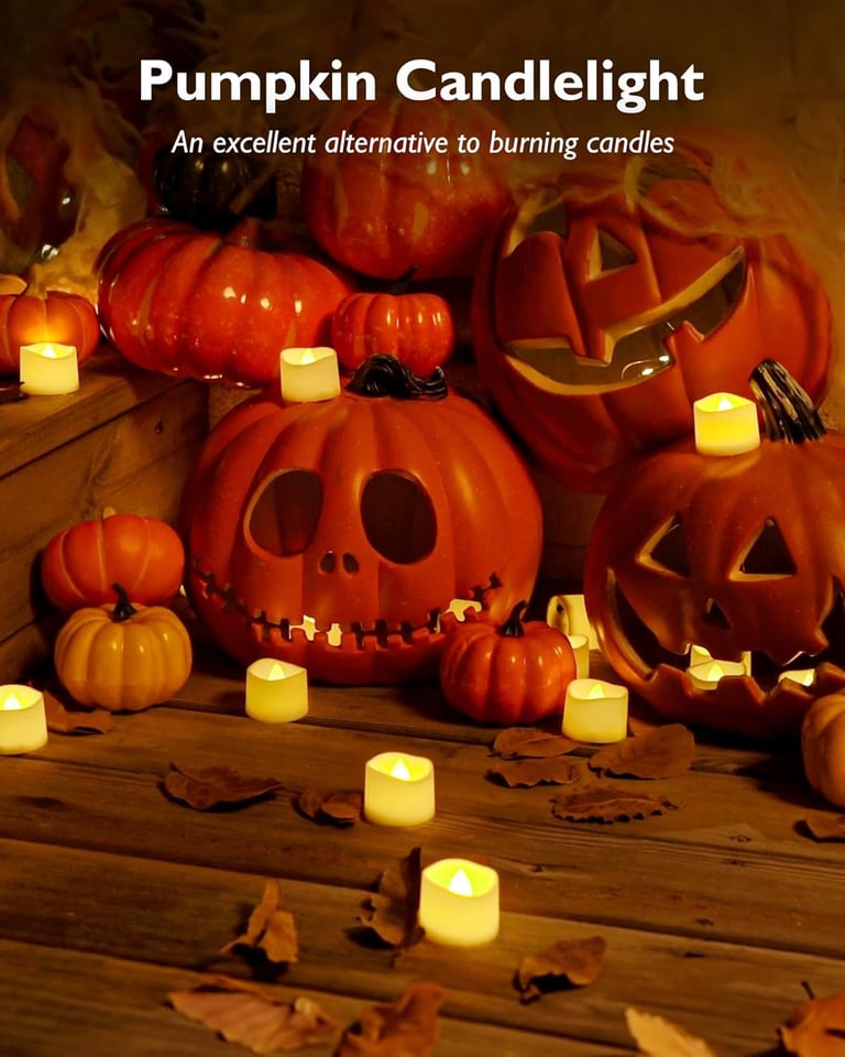 Homemory 24-pack flickering flameless LED tea lights, safe long-lasting candles for Halloween décor.