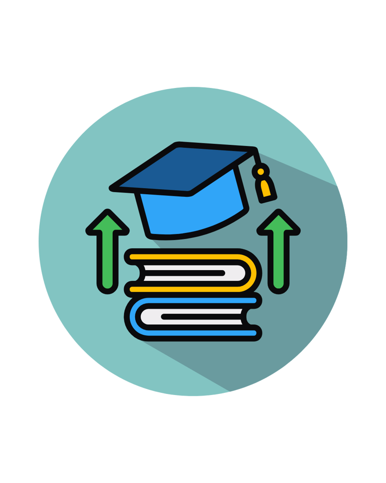 Flat design icon of a graduation cap and books with green up arrows representing academic growth and educational success.