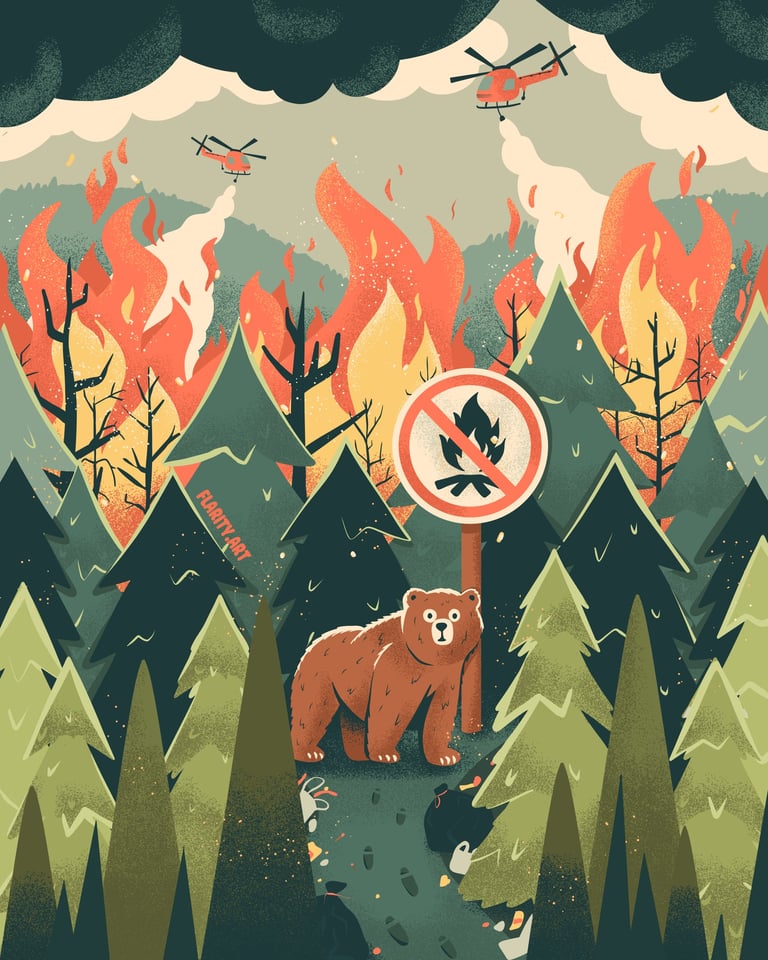 digital illustration of a bear in the woods with a sign that says no fire