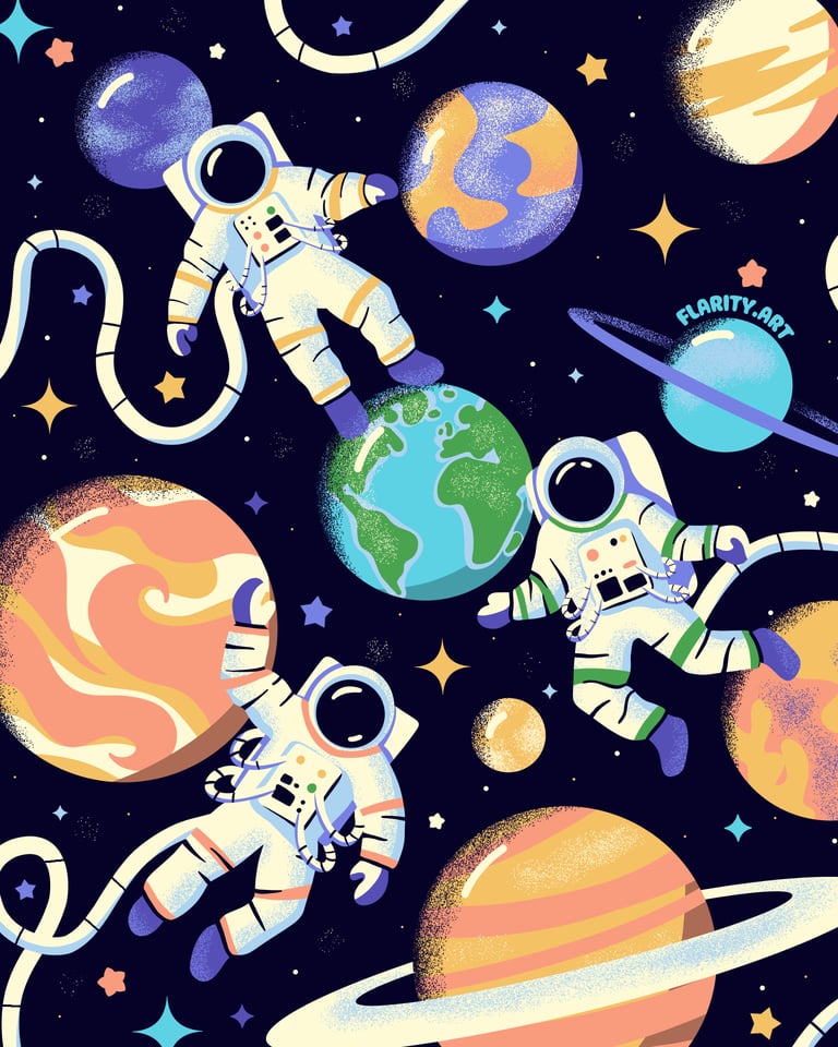 a group of astronauts in outer space, digital illustration