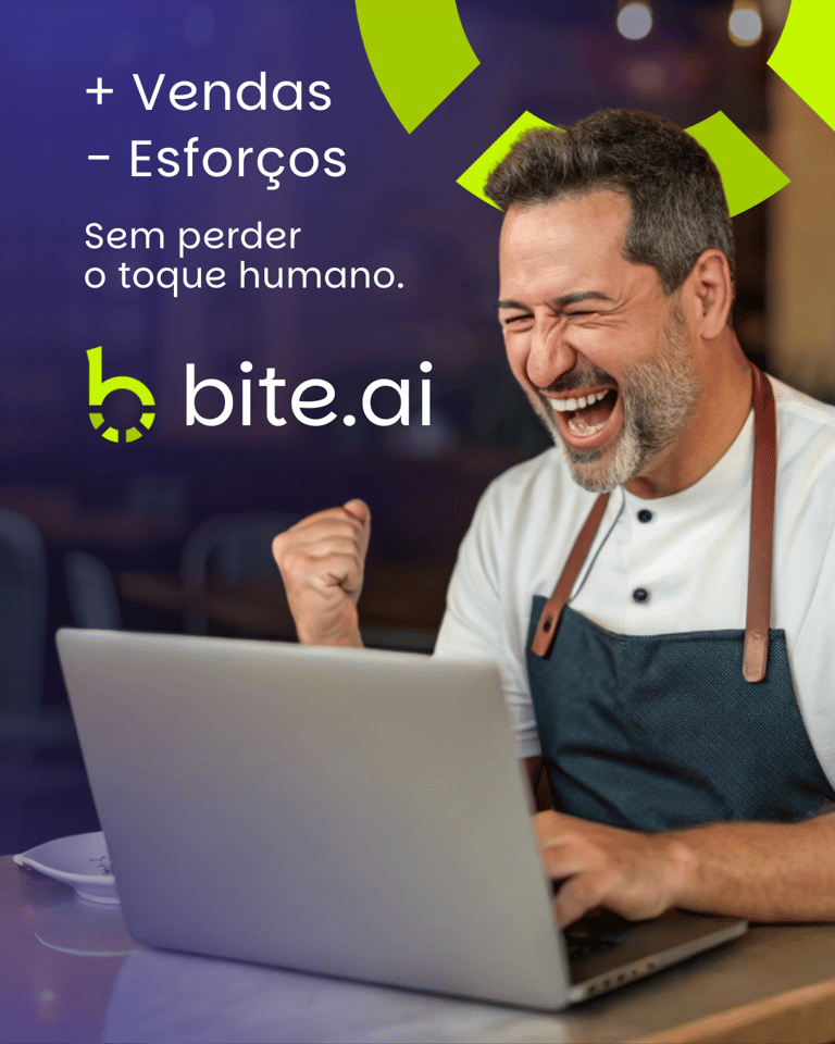 Banner da bite.ai destaca homem com avental em frente ao notebook, texto promocional e logo verde.