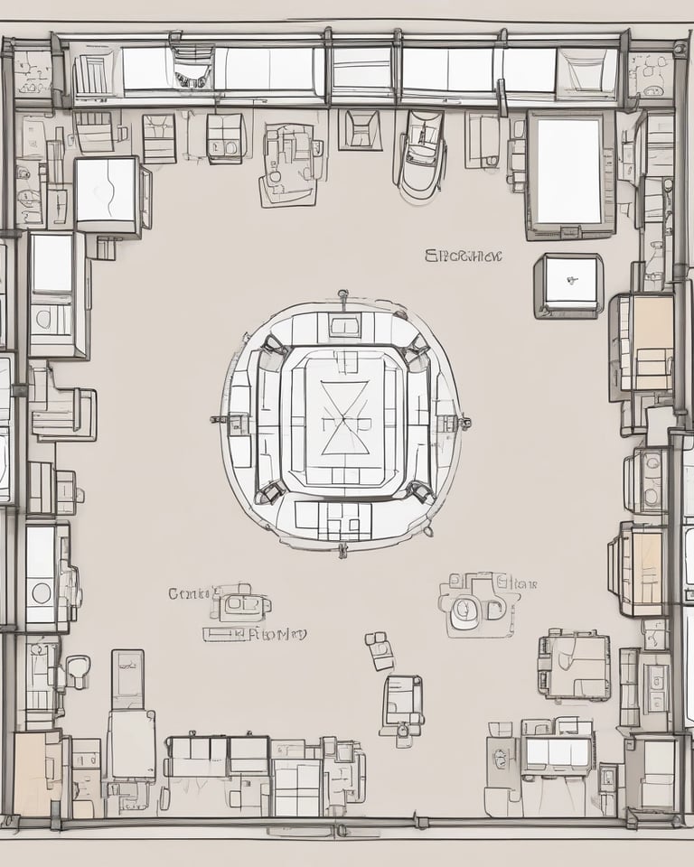 a drawing of a living room with a dining room and kitchen