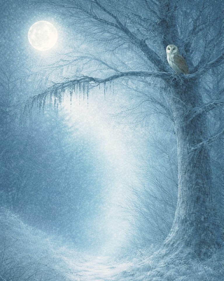 Full moon over an alder tree with owl, representing The Path Now.