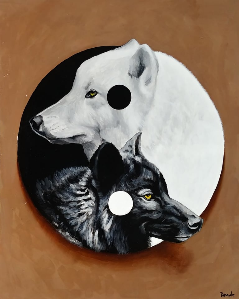 the two dogs of good and evil entwined in a yin-yang fashion forming a Tao