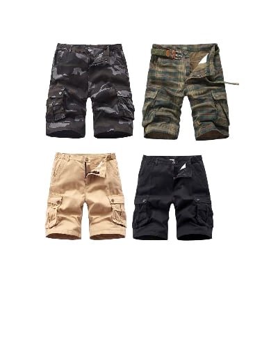 A collection of men's multi-pocket cargo shorts in camo, plaid, khaki, and black colors.