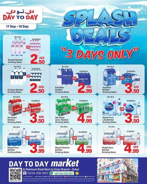 Day to Day Splash Deals promotional flyer featuring discounted products including bottled water