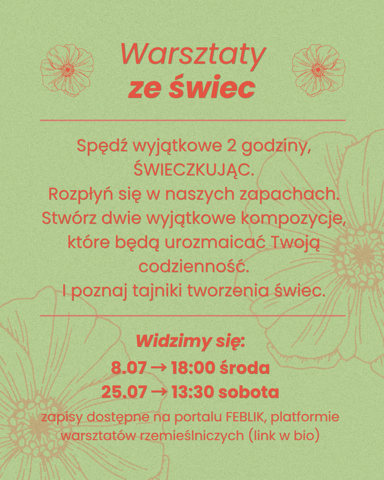 Poster for candle making workshops in Polish with dates, times, and registration info on a green floral background.