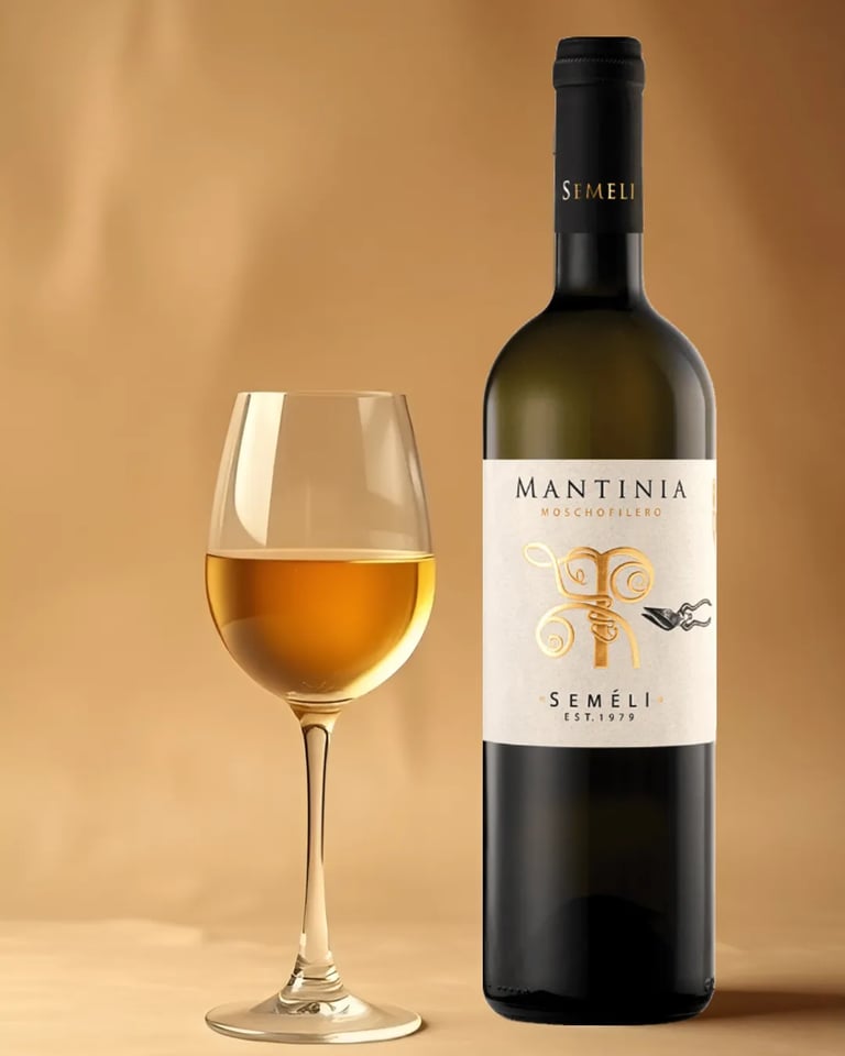 Flasche Semeli Mantinia Weißwein mit eingeschenktem Glas