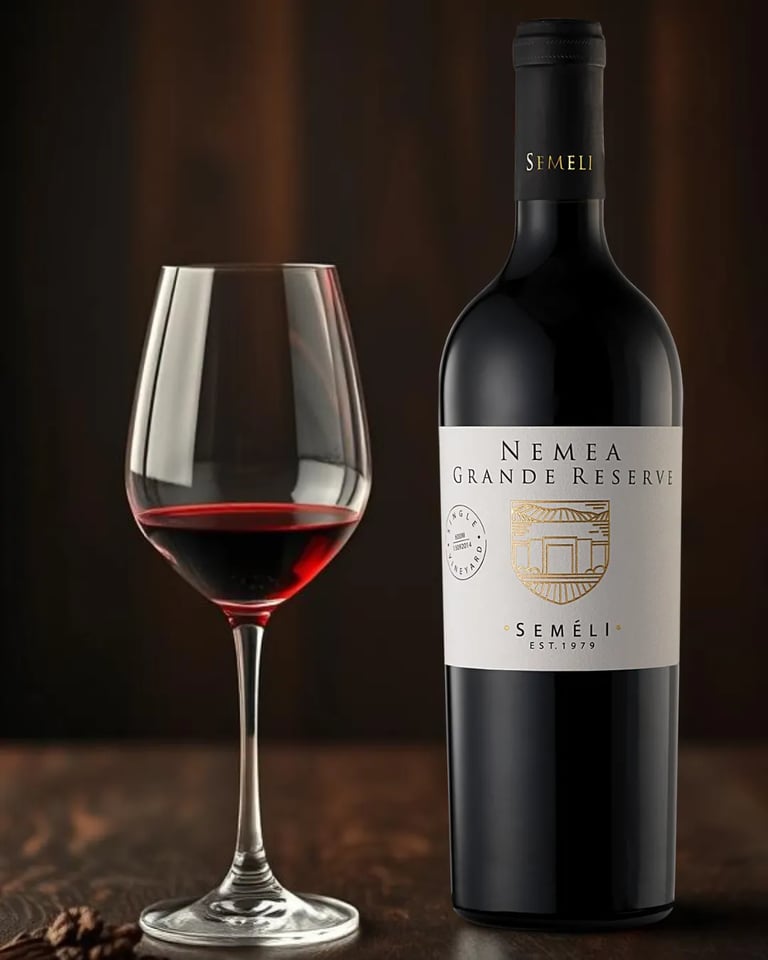 Flasche Semeli Nemea Grande Reserve Rotwein mit eingeschenktem Glas