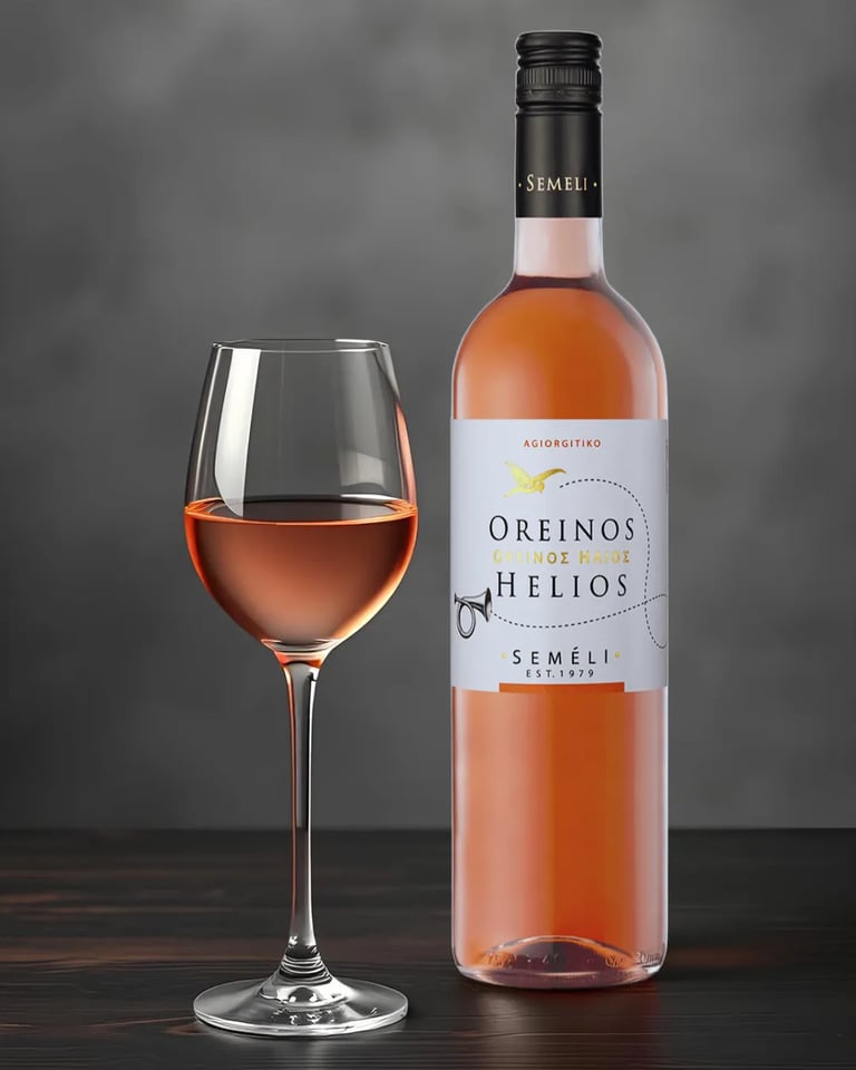 Flasche Semeli Oreinos Helios Roséwein mit eingeschenktem Glas
