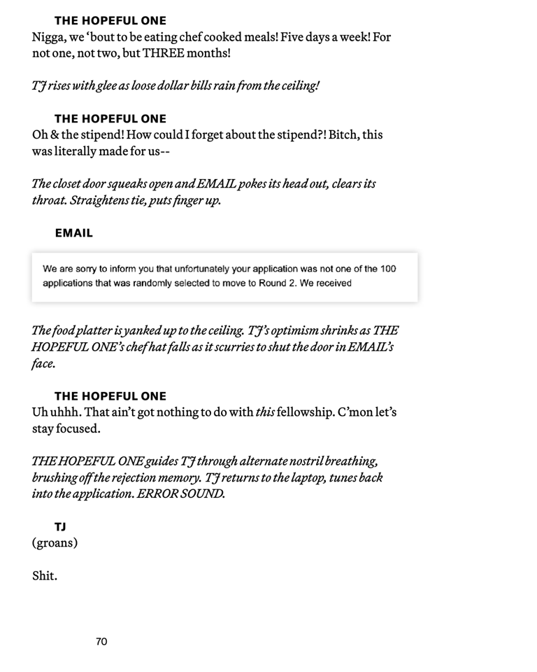 An image with one page from the play 11:59PM: For Black Trans Artists Spiraling in the Submission Po