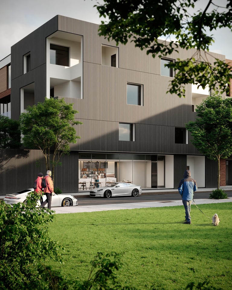 3D rendering of multi-story building with minimalist design, vertical lines, large windows, and ground-floor café.