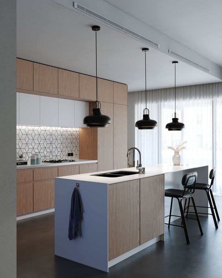 3D rendering of modern kitchen with wooden cabinets, geometric backsplash, island with sink, pendant lights, and bar stools.