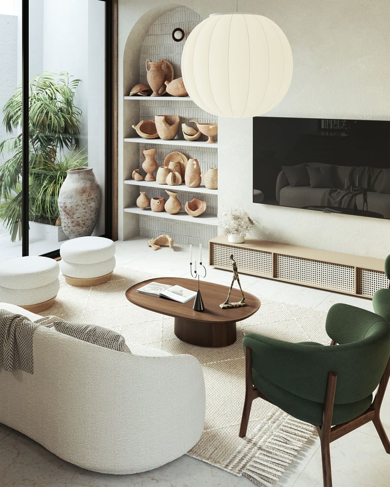 3D rendering of modern living room with neutral and green tones, pendant light, built-in shelves with pottery, and cozy sofa.