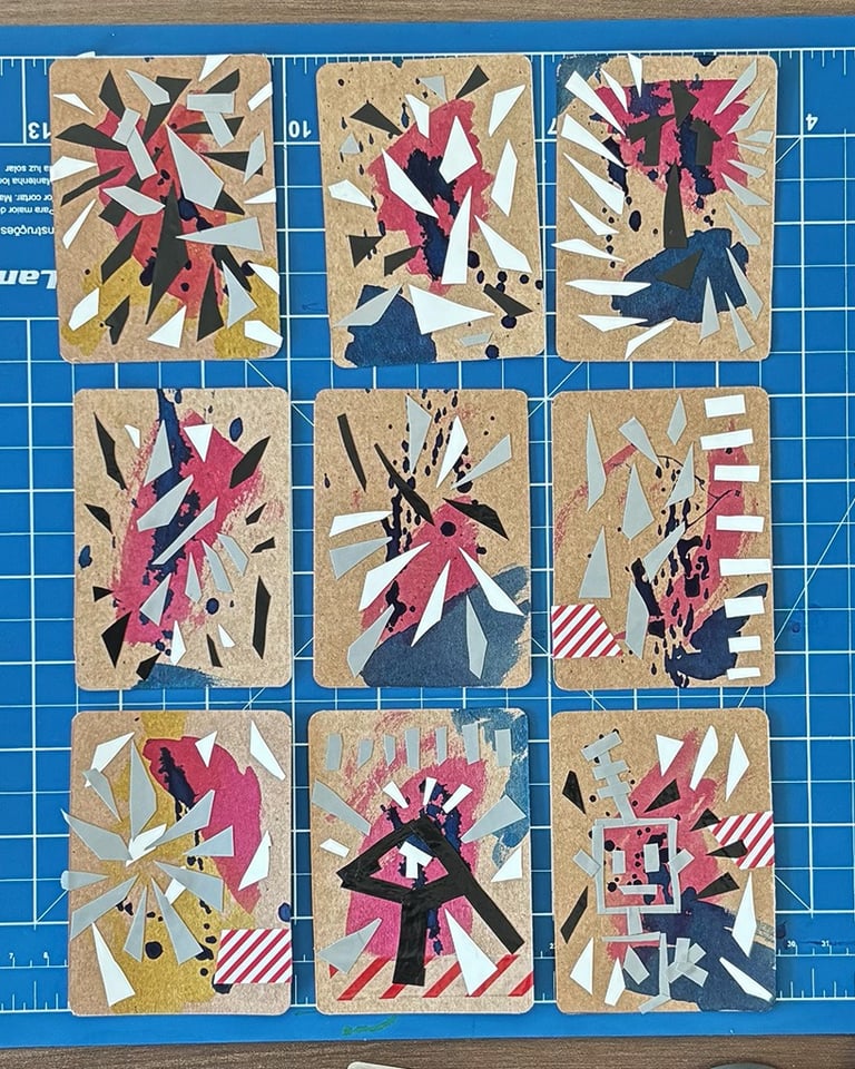 série inverno 25, nove peças em papel craft, ecoline e fitas adesivas, cada uma com aproximadamente 6,3 x 8,8 cm.