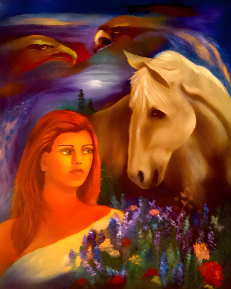 a woman with a horse in a painting - SOLD