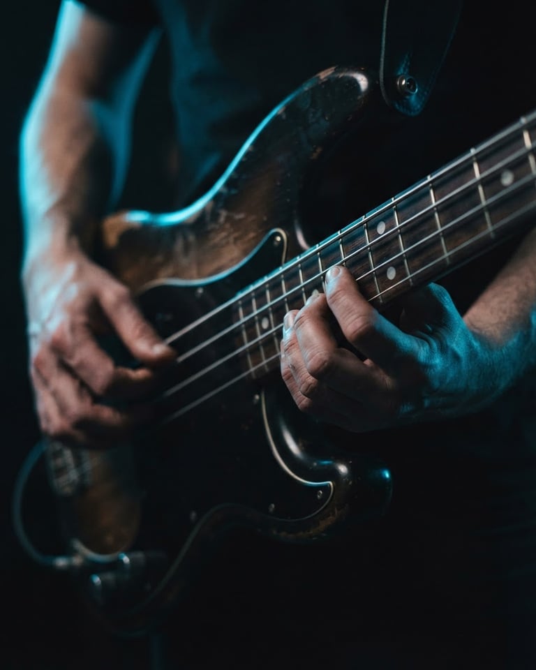 Man playing Fender Precision bass guitar lesson