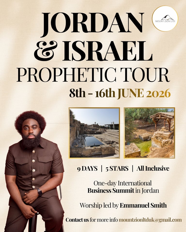Poster for Jordan & Israel Prophetic Tour on 8th-16th June, featuring worship led by Emmanuel Smith