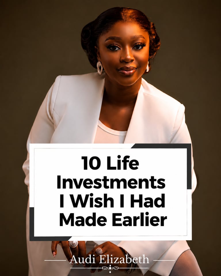 Professional portrait of a woman in white with the title 10 Life Investments I Wish I Had Made Earlier by Audi Elizabeth.