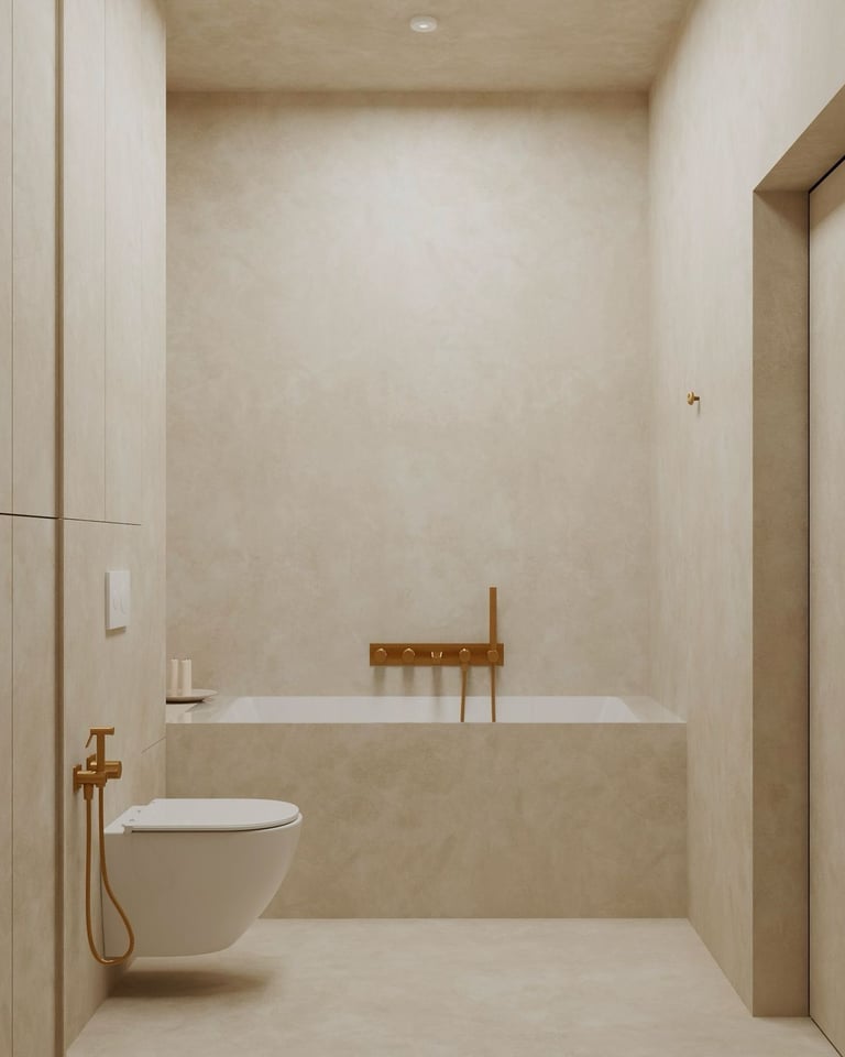 Minimalist and modern bathroom design, with beige microcement finish, built-in bathtub and gold acce