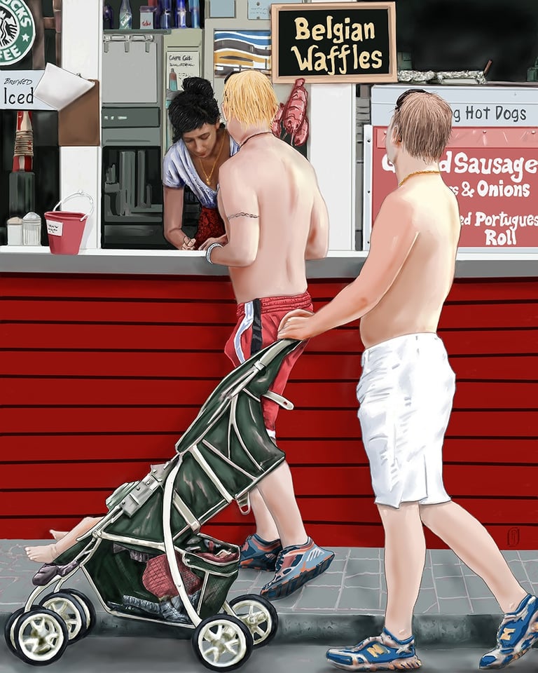 Digital painting of two young men at a beach food window