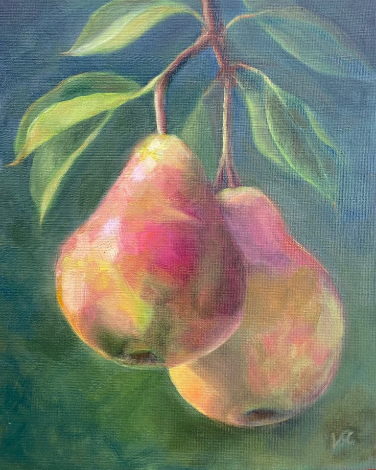 An original oil painting of hanging pears close up on a tree
