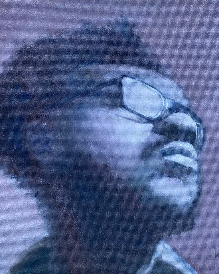 An original oil painting of a black man wearing sunglasses