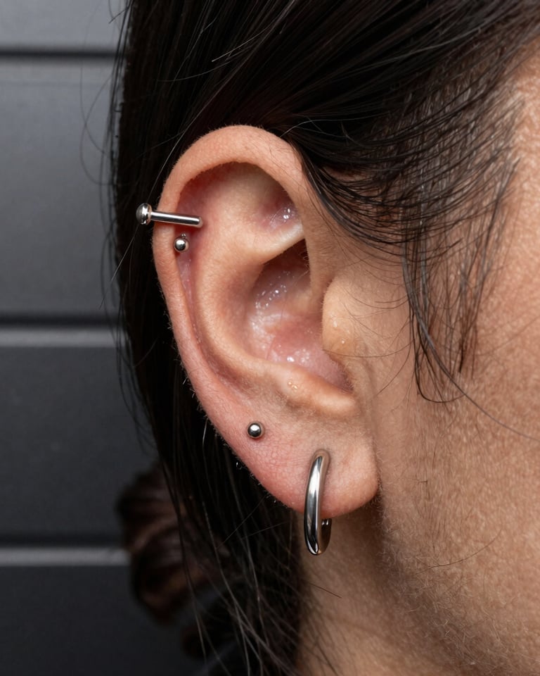 Close-up macro studio photography of a stylish Latin American / Spanish client in a high-end piercing studio, wearing polished implant-grade titanium ear jewelry and sleek silver studs against a dark charcoal metallic wall background with soft directional light.