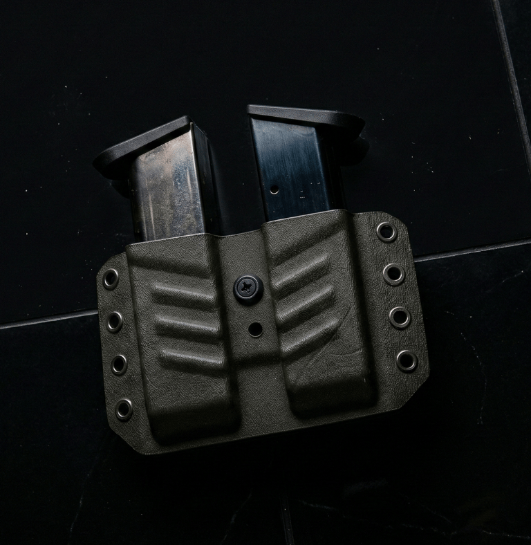 Double magazine pouch in olive drab Kydex holding two handgun mags on a black surface.