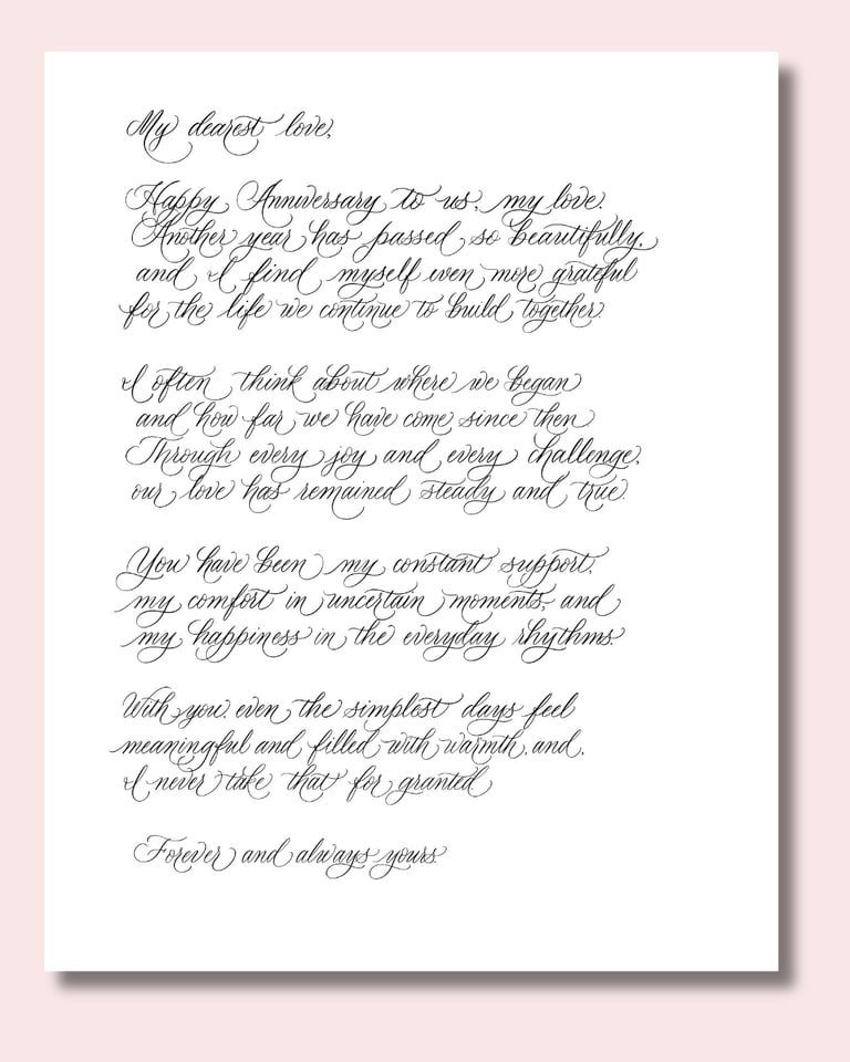 Digital calligraphy artwork showing a handwritten letter in flowing script with soft flourishes.