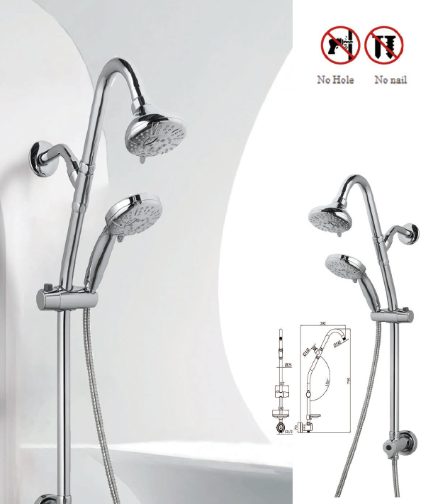 Chrome dual shower head system with fixed and handheld sprayers featuring no-drill installation.