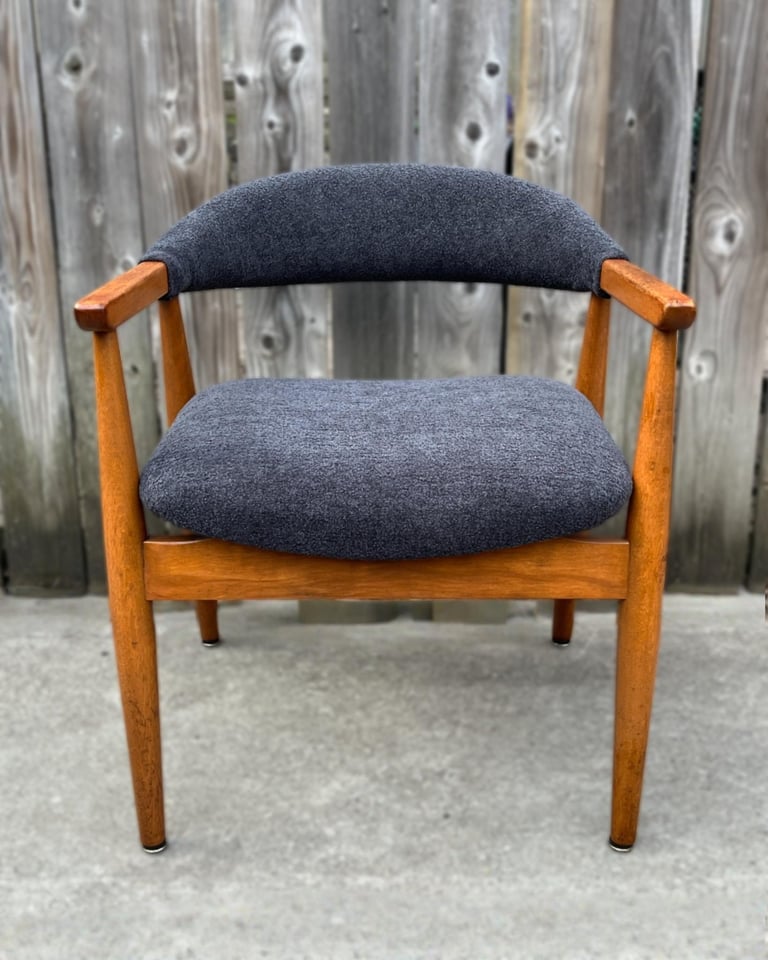 MCM chair after in grey boucle fabric reupholstered in Toronto