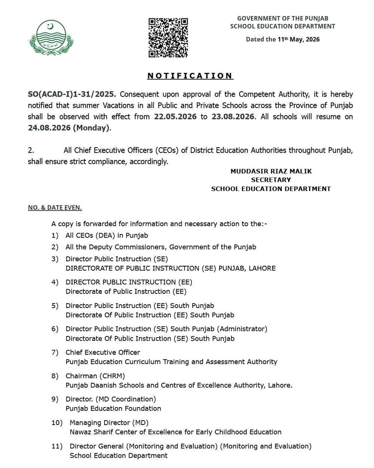Punjab School Summer Vacations 2026  Official Notification