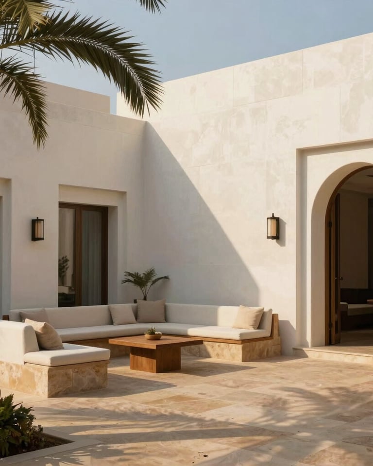 A serene architectural photograph of a boutique hotel courtyard at golden hour, featuring minimalist stone surfaces in warm tan and alabaster white. Soft shadows from manicured palm fronds drape across a quiet, elegant seating area designed for global cosmopolitan luxury travelers. High-end, sophisticated lifestyle aesthetic.