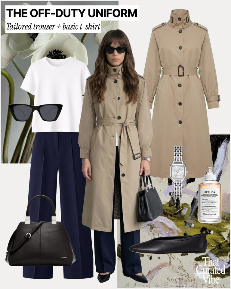Tailored trousers styled with a white t-shirt, trench coat, flats and structured handbag