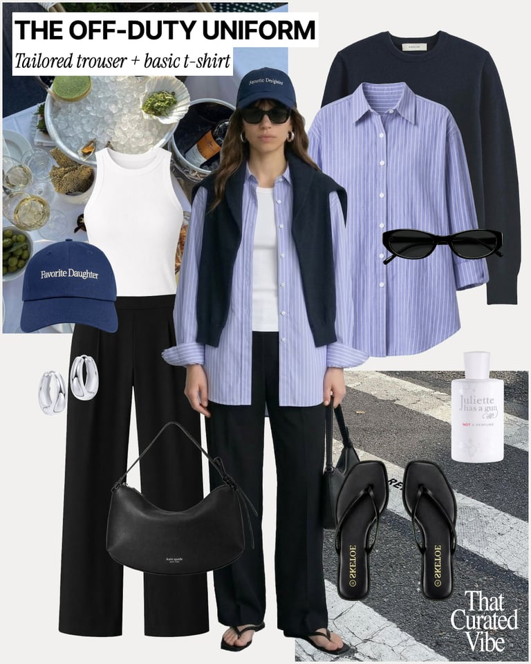 Casual outfit with trousers, t-shirt, layered shirt and cap styled with minimal accessories