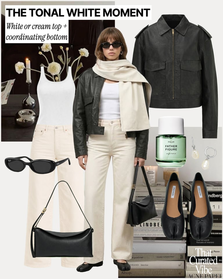 Monochrome neutral outfit with light trousers, white top, jacket and minimalist accessories