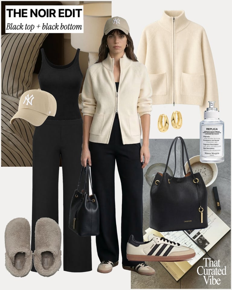 Casual all black outfit with wide-leg pants, tank top, sneakers and neutral cardigan layered on top.