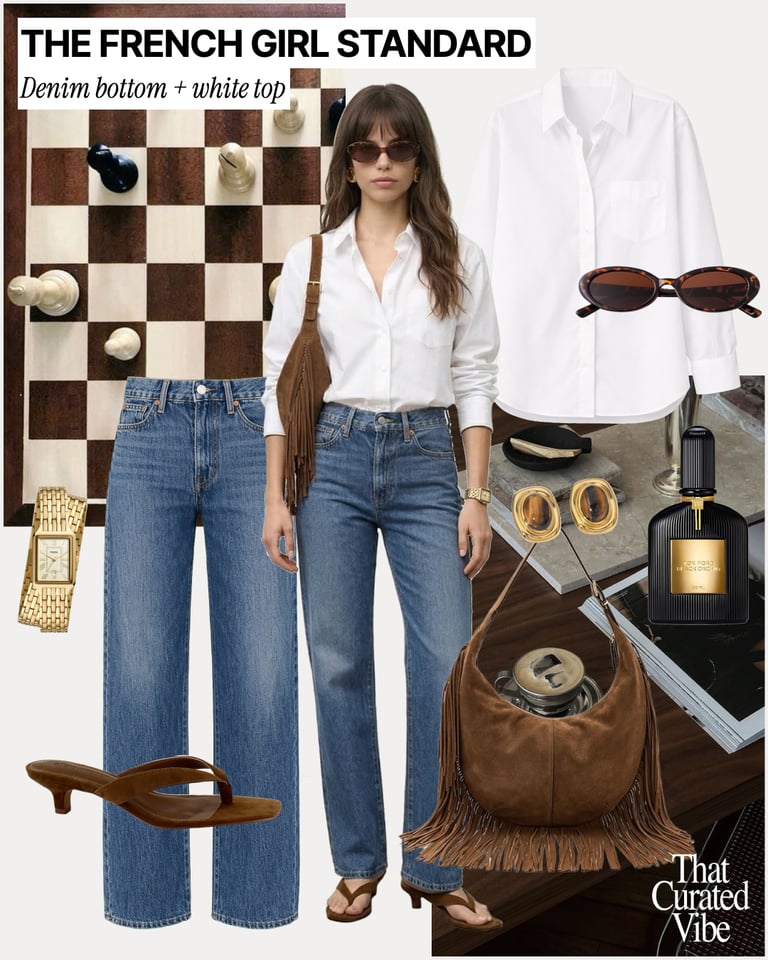 Relaxed denim outfit with white button-down shirt, sandals and brown leather accessories.