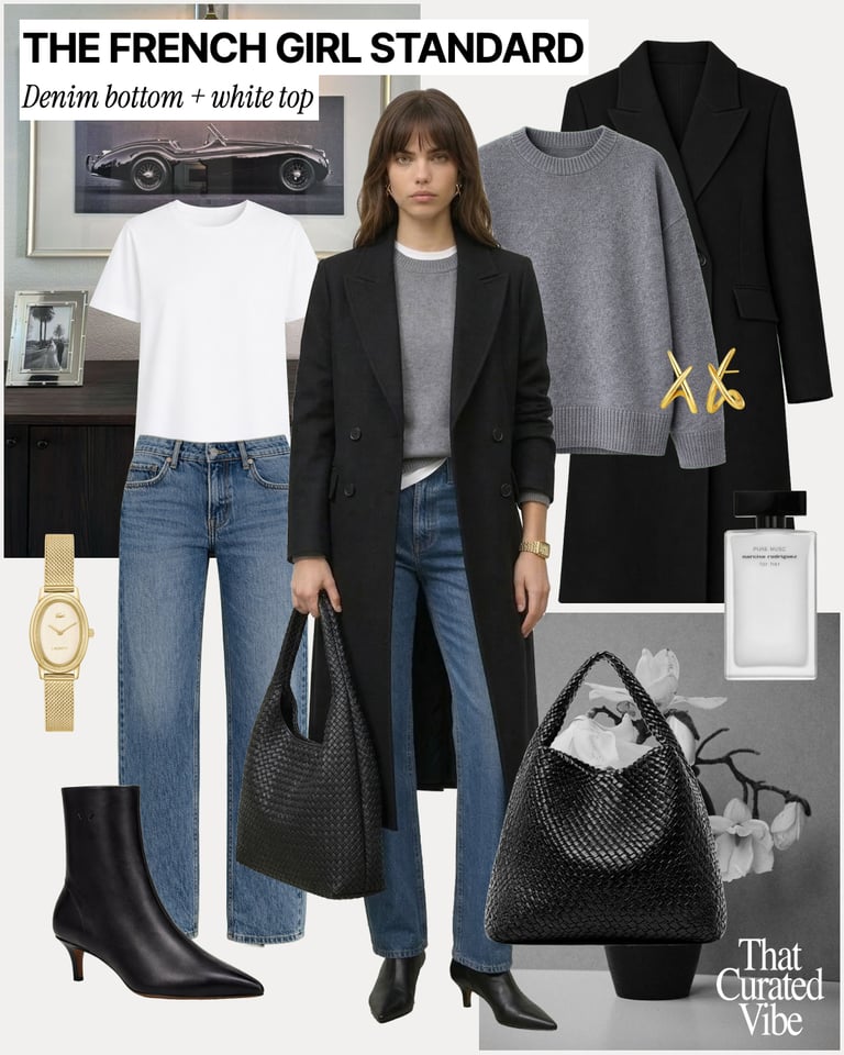 Casual chic outfit with jeans, white top, sweater, oversized coat and ankle boots.