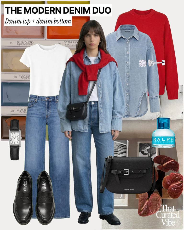 Denim on denim outfit with light wash jeans, white t-shirt and layered denim shirt with sweater