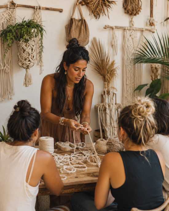  101 Una mujer imparte un taller de macramé para estudiantes en un estudio de estilo bohemio repleto