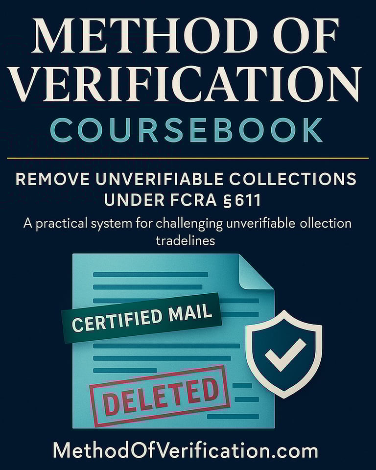 “Method of Verification coursebook cover showing certified mail and a deleted stamp under FCRA §611,