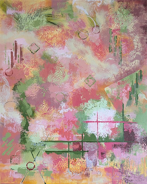 Abstract in greens, pinks, yellows, and cream