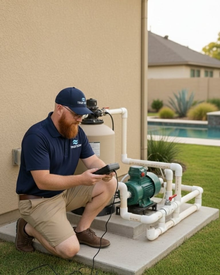Technician kneeling and testing pool water during green pool cleanup in Round Rock, TX
