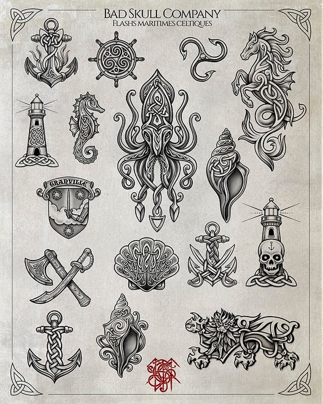 A collection of Celtic maritime tattoo flash designs featuring a kraken, lighthouse, anchor, and seashells.