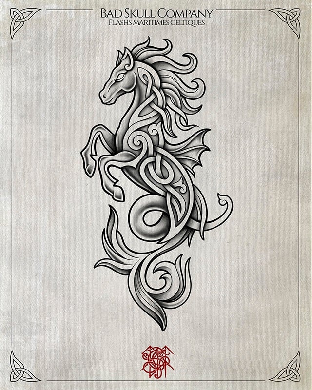 Celtic tattoo flash art featuring a mythical hippocampus with intricate knotwork and flowing tribal curves.