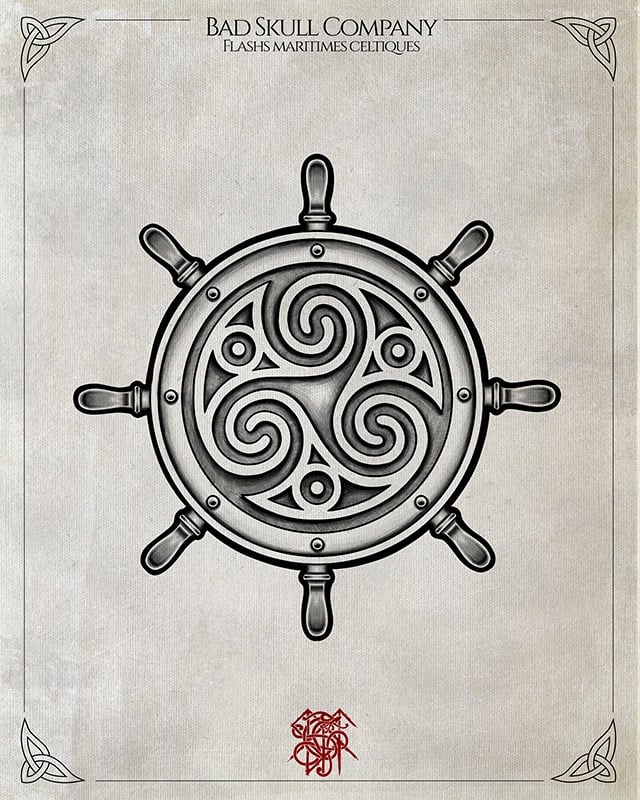 Celtic triskele symbol inside a nautical ship wheel tattoo design by Bad Skull Company.