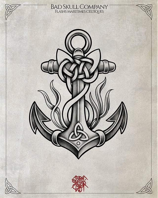 Black and white Celtic anchor tattoo design featuring traditional knots and maritime flash art details.